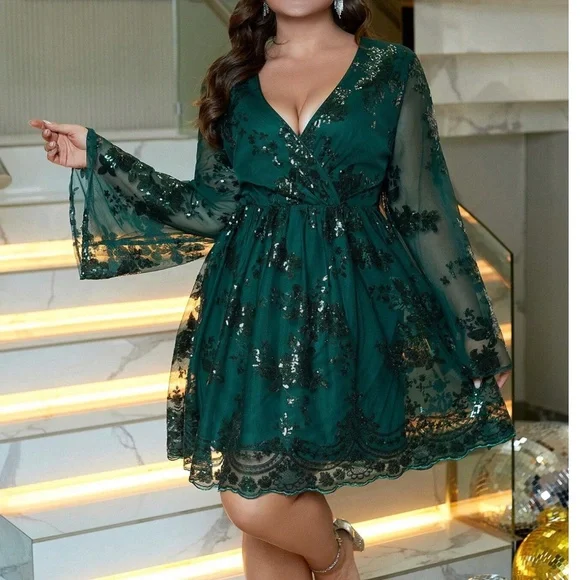Luxe Floral Sequin Embroidered Sheer Sleeve Party Dress - Picture 6 of 11